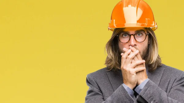 Joven Hombre Arquitecto Guapo Con Pelo Largo Con Casco Seguridad —  Fotos de Stock