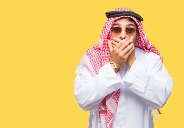 Young Handsome Man Wearing Keffiyeh Isolated Background Shocked Covering Mouth — Stock Photo, Image