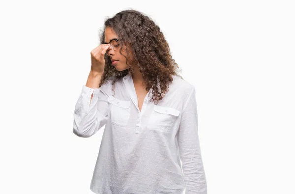 Beautiful Young Hispanic Woman Tired Rubbing Nose Eyes Feeling Fatigue — Stock Photo, Image