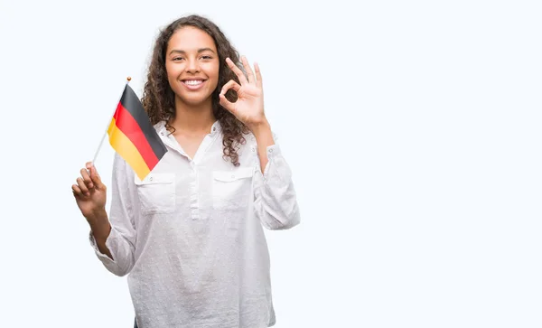 Joven Mujer Hispana Sosteniendo Bandera Alemania Haciendo Signo Con Los — Foto de Stock