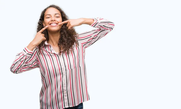 Beautiful Young Hispanic Woman Smiling Confident Showing Pointing Fingers Teeth — Stock Photo, Image