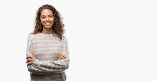 Hermosa Mujer Hispana Joven Con Rayas Suéter Cara Feliz Sonriendo — Foto de Stock