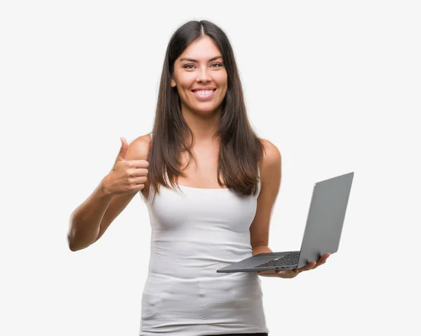 Young Hispanic Woman Using Computer Laptop Happy Big Smile Doing — Stock Photo, Image