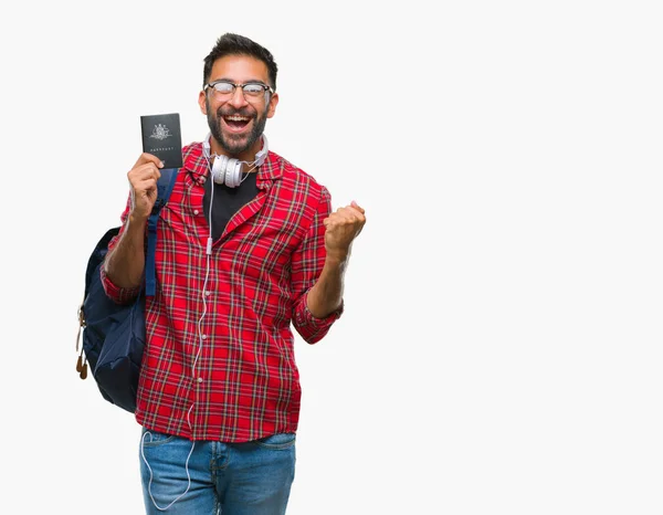 Adult Hispanic Student Man Holding Passport Australia Isolated Background Screaming — Stock Photo, Image