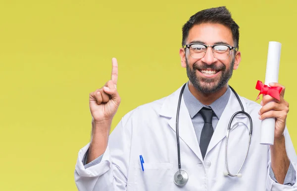 Adult Hispanic Doctor Man Holding Degree Isolated Background Surprised Idea — Stock Photo, Image