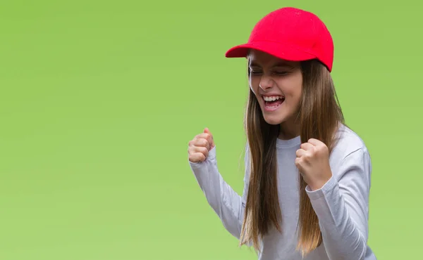 Junges Schönes Mädchen Mit Roter Mütze Isolierten Hintergrund Sehr Glücklich — Stockfoto