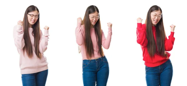 年轻美丽的中国女子拼贴画在孤立的背景下非常高兴和兴奋做赢家手势与手臂举起 微笑和尖叫的成功 庆祝概念 — 图库照片