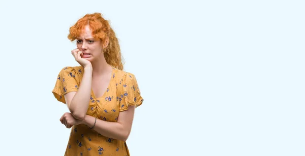 Young Redhead Woman Looking Stressed Nervous Hands Mouth Biting Nails — Stock Photo, Image