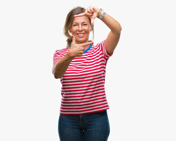 Middle Age Senior Hispanic Woman Isolated Background Smiling Making Frame — Stock Photo, Image