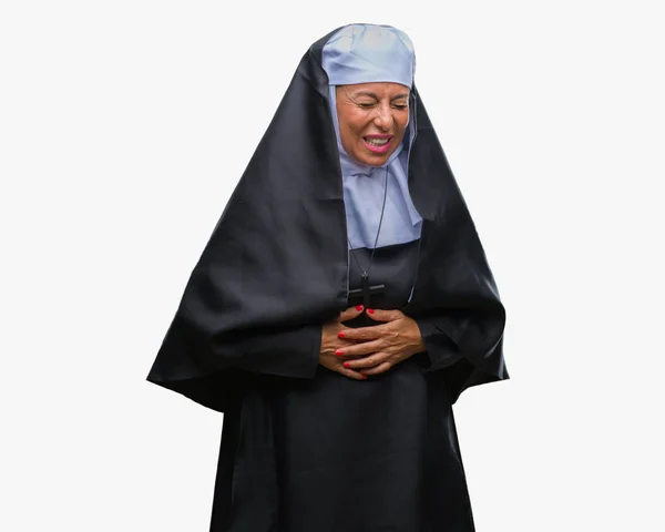 以上中年シニア キリスト教カトリックの修道女の女性のための胃に手でバック グラウンドを分離した吐き気 気分が悪く痛みを伴う病気 痛みの概念 — ストック写真