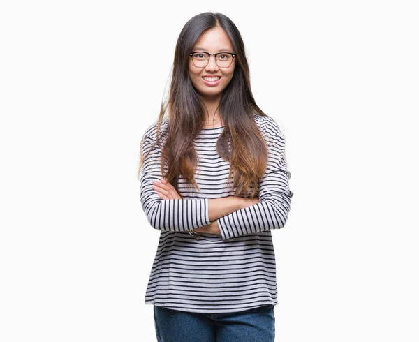 Joven Mujer Asiática Con Gafas Sobre Fondo Aislado Cara Feliz —  Fotos de Stock