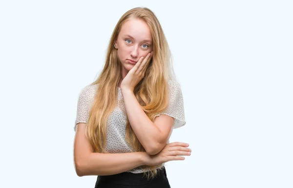 Blonde Teenager Woman Wearing Moles Shirt Thinking Looking Tired Bored — Stock Photo, Image