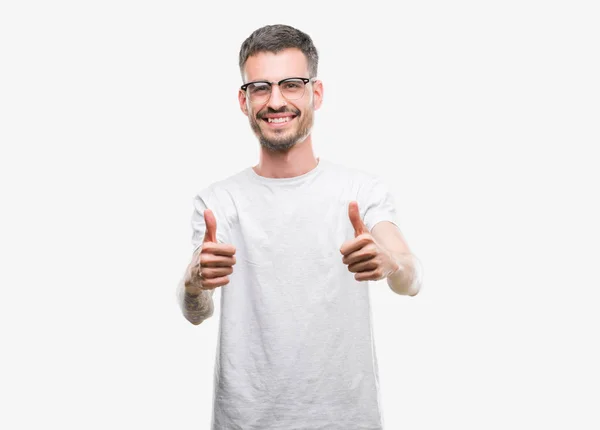 Young Tattooed Adult Man Approving Doing Positive Gesture Hand Thumbs — Stock Photo, Image