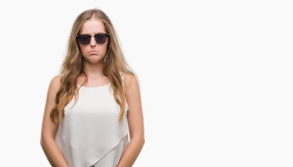 Young Blonde Woman Wearing Sunglasses Depressed Worry Distress Crying Angry — Stock Photo, Image