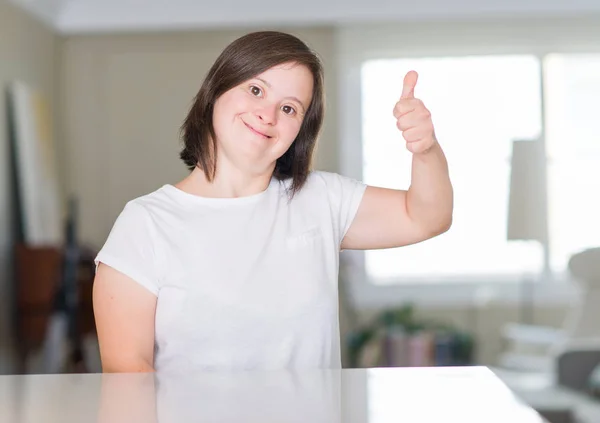 Syndrome Woman Home Happy Big Smile Doing Sign Thumb Fingers — Stock Photo, Image