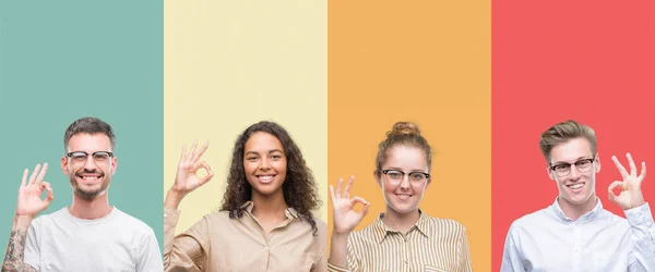 Colagem Grupo Pessoas Isoladas Sobre Fundo Colorido Sorrindo Positivo Fazendo — Fotografia de Stock