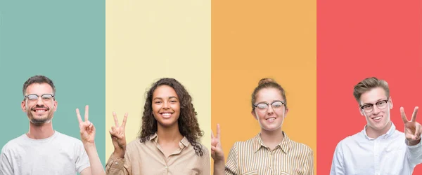 Collage Group People Isolated Colorful Background Showing Pointing Fingers Number — Stock Photo, Image