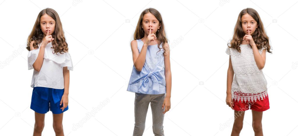 Collage of hispanic young child over isolated background asking to be quiet with finger on lips. Silence and secret concept.