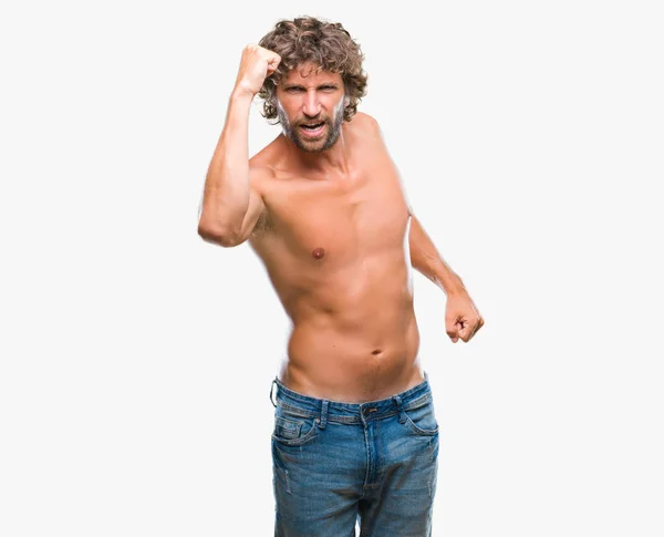 Handsome Hispanic Model Man Sexy Shirtless Isolated Background Angry Mad — Stock Photo, Image