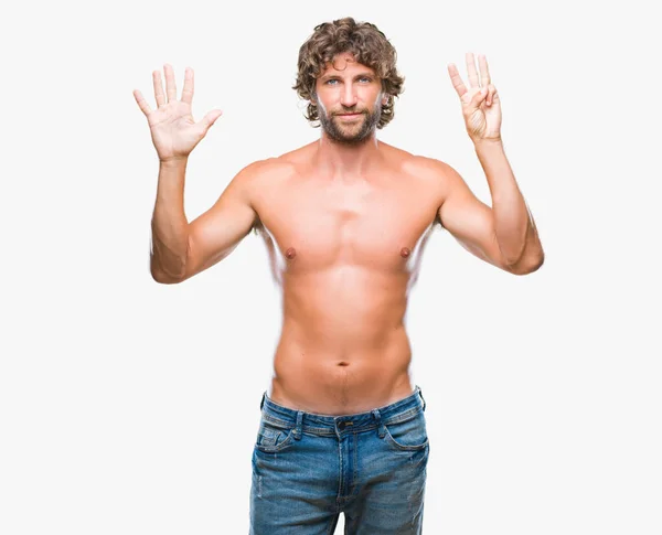 Bello Ispanico Modello Uomo Sexy Senza Maglietta Sfondo Isolato Mostrando — Foto Stock