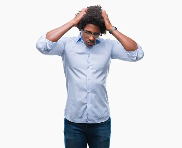 Homem Negócios Afro Americano Vestindo Óculos Sobre Fundo Isolado Sofrendo — Fotografia de Stock