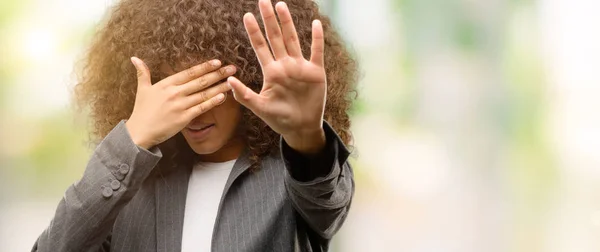 African American Business Woman Wearing Glasses Covering Eyes Hands Doing — Stock Photo, Image