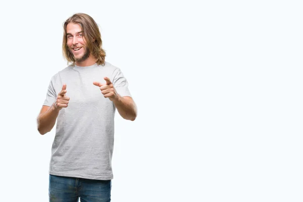 Young Handsome Man Long Hair Isolated Background Pointing Fingers Camera — Stock Photo, Image