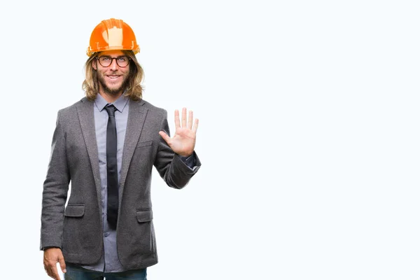 Joven Hombre Arquitecturas Guapo Con Pelo Largo Con Casco Seguridad — Foto de Stock