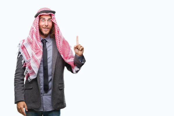 Pemuda Tampan Arab Dengan Rambut Panjang Memakai Keffiyeh Atas Latar — Stok Foto