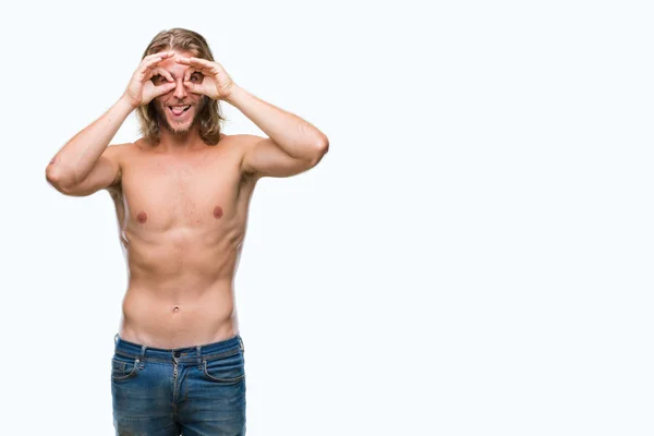 Jonge Knappe Shirtless Man Met Lang Haar Sexy Lichaam Tonen — Stockfoto