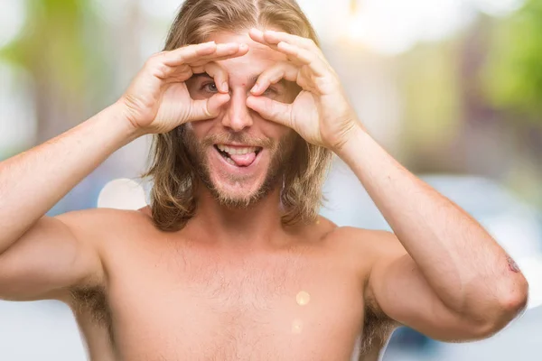 Young Handsome Shirtless Man Long Hair Showing Sexy Body Isolated — Stock Photo, Image