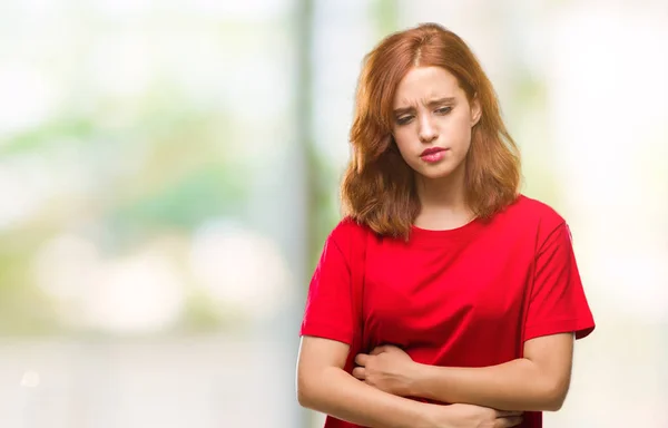 Mujer Hermosa Joven Sobre Fondo Aislado Con Mano Estómago Porque — Foto de Stock