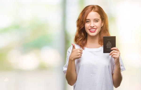 Młoda Kobieta Piękne Paszportem Kanady Białym Tle Szczęśliwy Uśmiechem Robi — Zdjęcie stockowe