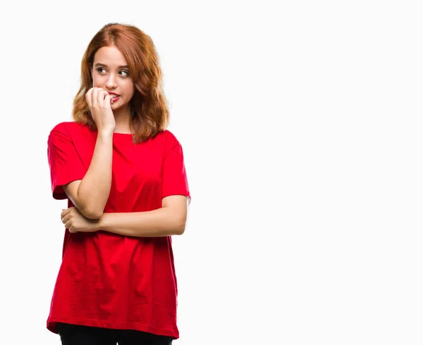 Giovane Bella Donna Sfondo Isolato Cercando Stressato Nervoso Con Mani — Foto Stock