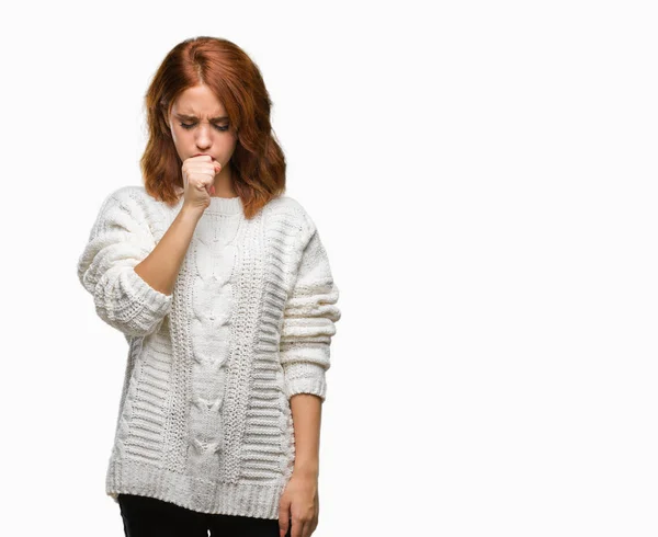 Mujer Hermosa Joven Sobre Fondo Aislado Usando Suéter Invierno Sensación —  Fotos de Stock