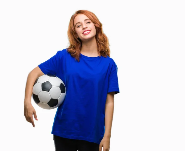 Młoda Piękna Kobieta Białym Tle Trzymając Piłki Nożnej Szczęśliwy Twarz — Zdjęcie stockowe