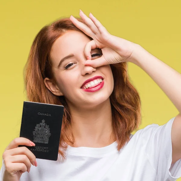 Joven Hermosa Mujer Sosteniendo Pasaporte Canadá Sobre Fondo Aislado Con —  Fotos de Stock