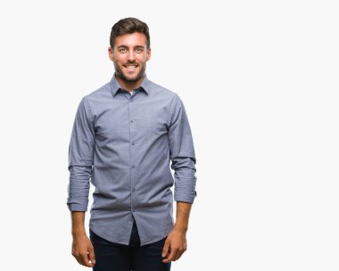 Yakışıklı delikanlı yüzünde mutlu ve güzel bir gülümseme ile izole arka plan üzerinde. Şanslı kişi.