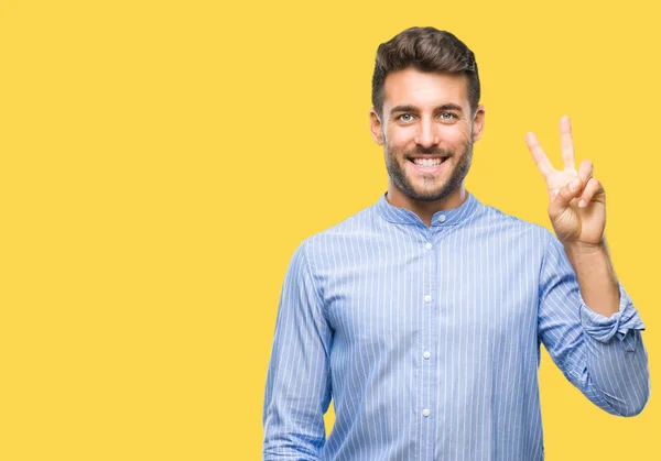 Jovem Homem Bonito Sobre Fundo Isolado Mostrando Apontando Para Cima — Fotografia de Stock