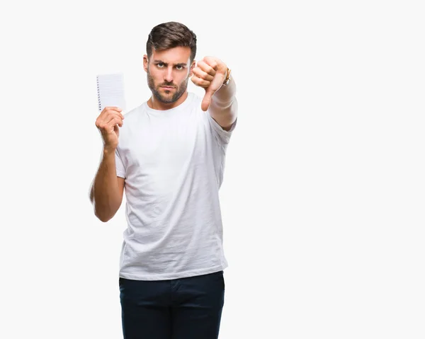 Young Handsome Man Holding Notebook Isolated Background Angry Face Negative — Stock Photo, Image
