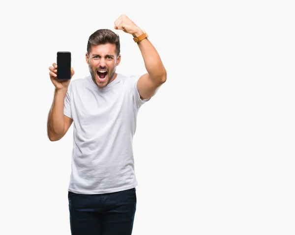 Junger Gutaussehender Mann Zeigt Smartphone Bildschirm Vor Isoliertem Hintergrund Genervt — Stockfoto