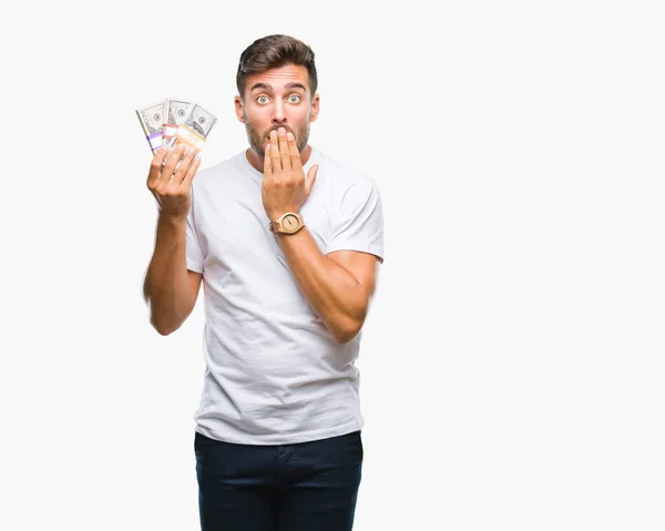 Joven Hombre Guapo Sosteniendo Pila Dólares Sobre Fondo Aislado Cubrir —  Fotos de Stock