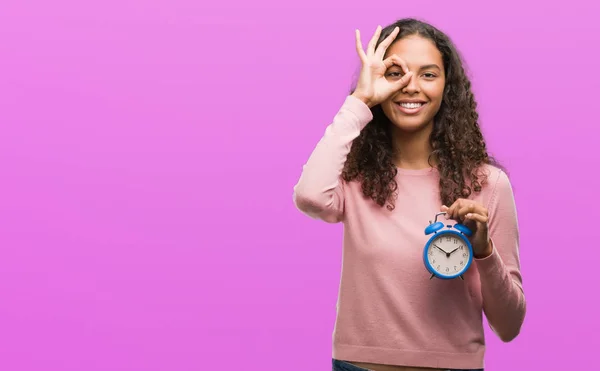 Young Hispanic Woman Holding Alarm Clock Happy Face Smiling Doing — Stock Photo, Image