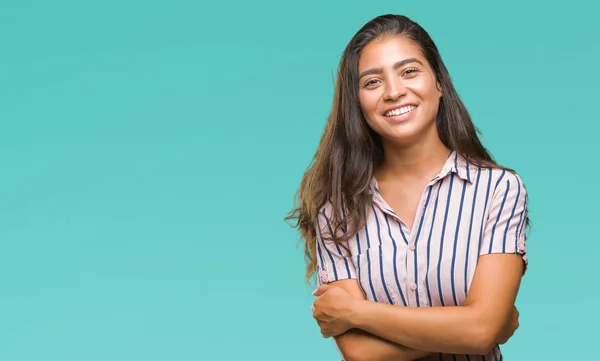 Jovem Bela Mulher Árabe Sobre Fundo Isolado Rosto Feliz Sorrindo — Fotografia de Stock