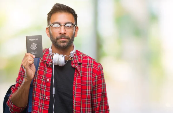 Adulto Hispânico Estudante Homem Segurando Passaporte América Sobre Fundo Isolado — Fotografia de Stock