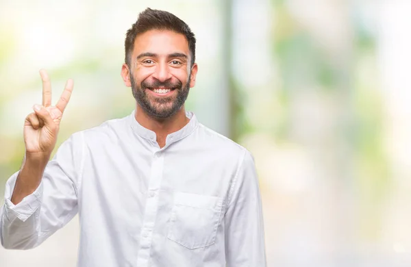 Hombre Hispano Adulto Sobre Fondo Aislado Mostrando Señalando Hacia Arriba — Foto de Stock