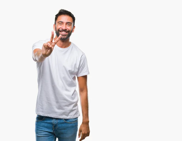 Hombre Hispano Adulto Sobre Fondo Aislado Sonriendo Mirando Cámara Mostrando — Foto de Stock