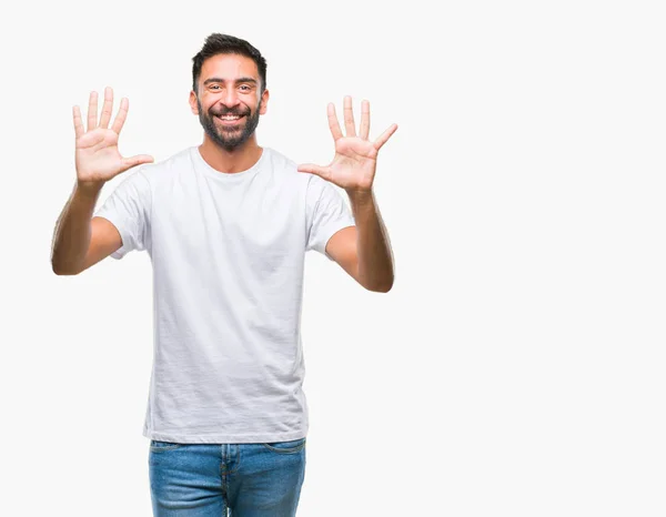 Hombre Hispano Adulto Sobre Fondo Aislado Mostrando Señalando Hacia Arriba —  Fotos de Stock