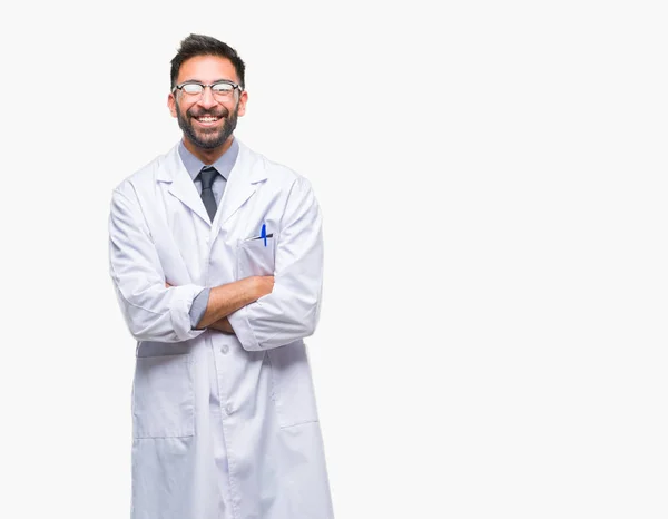 Scienziato Ispanico Adulto Medico Che Indossa Cappotto Bianco Sfondo Isolato — Foto Stock