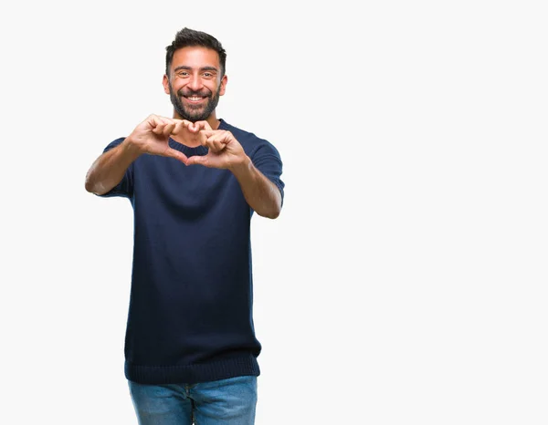 Vuxen Spansktalande Man Över Isolerade Bakgrund Leende Kärlek Visar Hjärtsymbolen — Stockfoto